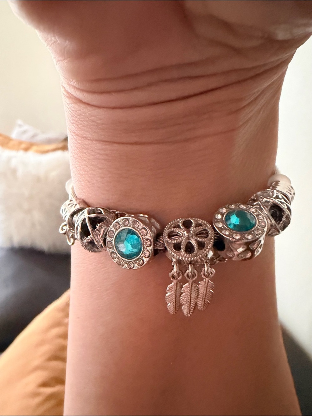 Silver Charm Bracelet with Teal Blue Stones